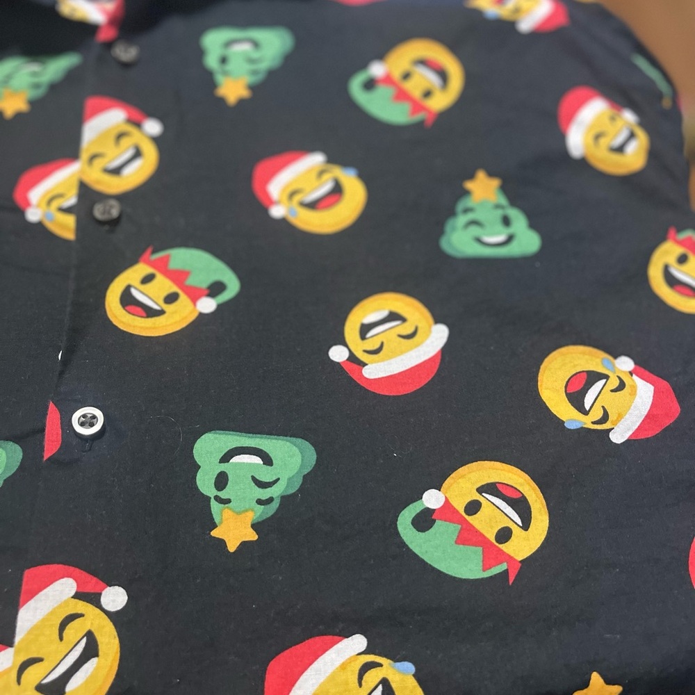 North Pole Trading Company Men’s Christmas Emoji Button Down Shirt.